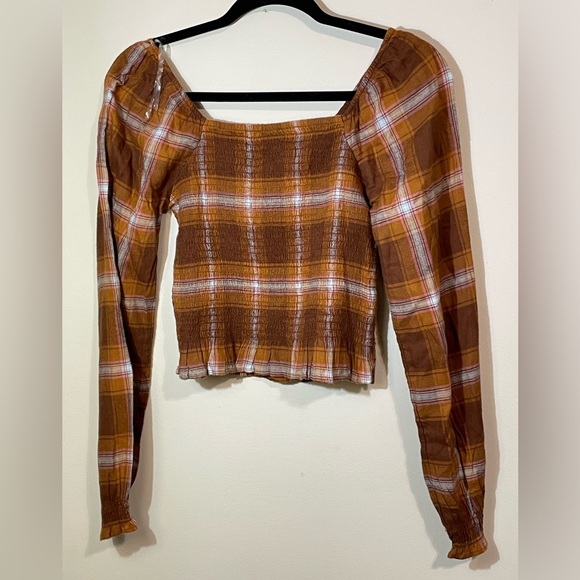 SO Blouse Women's XS Brown Plaid Smocked Cropped Square Neck Long Sleeve - Picture 1 of 8
